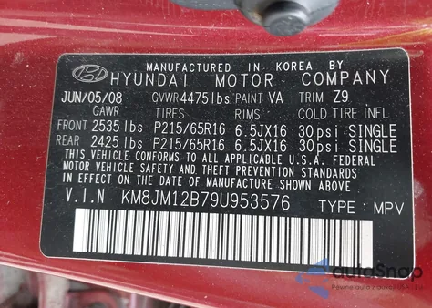 2009 Hyundai Tucson Gls из США, поврежденный, VIN KM8JM12B79U953576